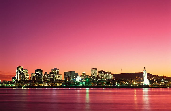 gray high rise building, Montreal, pink, sunset, city, cityscape, HD wallpaper