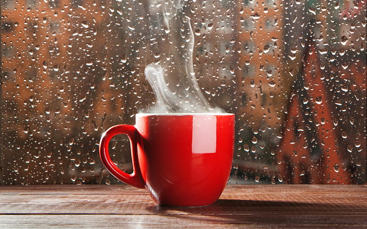 Coffe glass, red ceramic cup, drops, rain, smoke