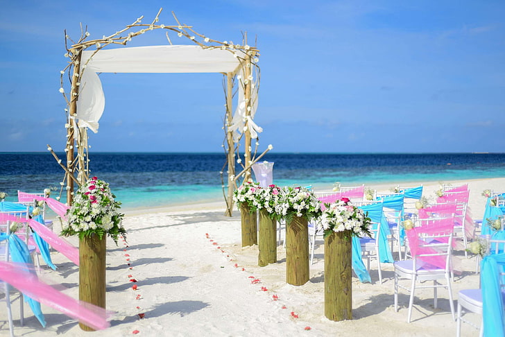 beach, beach wedding, blue, chairs, decor, decorations, flowers, HD wallpaper