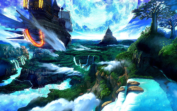 forest digital art, airships, fantasy art, waterfall, beauty in nature, HD wallpaper