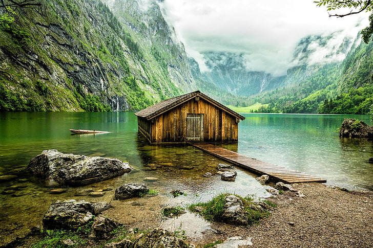 brown wooden house and body of water, mountains, lake, Germany