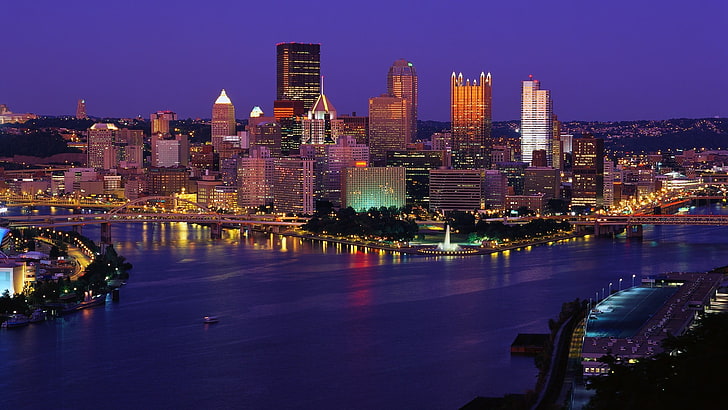 lighted cityscape, Pittsburgh, Pennsylvania, USA, night, building exterior, HD wallpaper