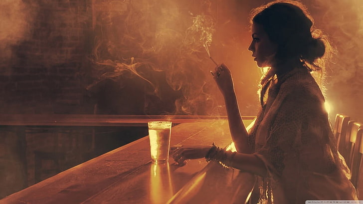 women, smoking, brunette, bar, backlighting, cigarettes, smoke - physical structure, HD wallpaper