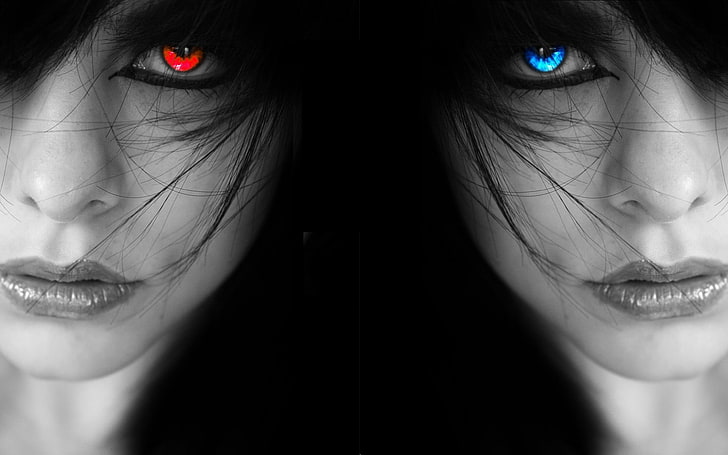 women, selective coloring, photo manipulation, face, symmetry