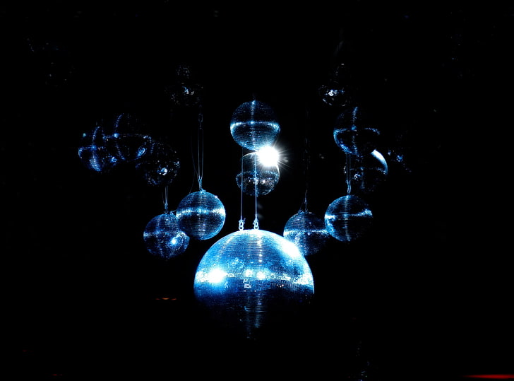 Blue Disco Ball, blue and white chandelier, Music, Dark, Night, HD wallpaper