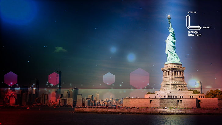 New York City, Statue of Liberty, night, sky, architecture, HD wallpaper