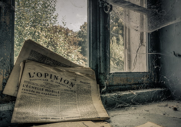 newspapers, window, ruin, abandoned, text, communication, western script