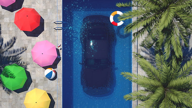 swimming pool, car, vehicle, Porsche, humor, HD wallpaper