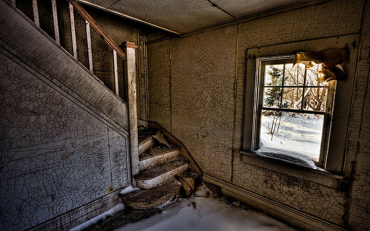 abandoned, stairs, old, house, window, ruin