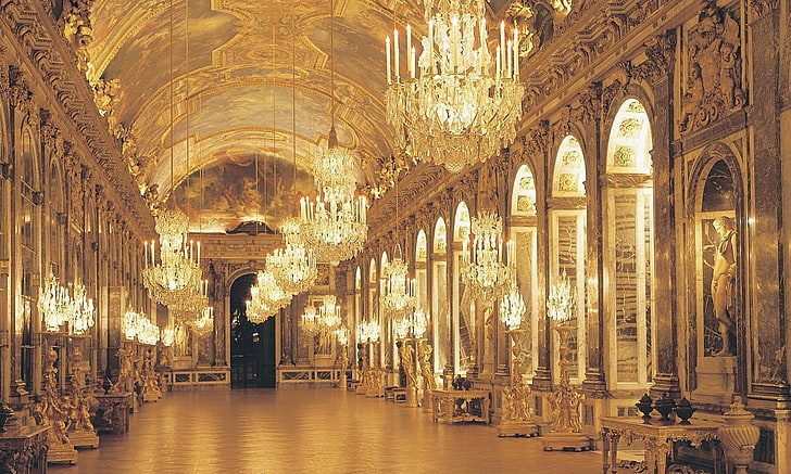 clear crystal chandelier, architecture, France, chateau, Palace of Versailles, HD wallpaper