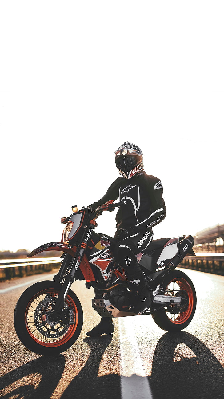 black and orange enduro motorcyle, motorcyclist, motorcycle, helmet, HD wallpaper