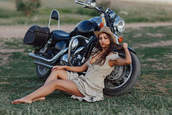 girl, pose, hat, dress, motorcycle, bike, Leonid Mochulsky
