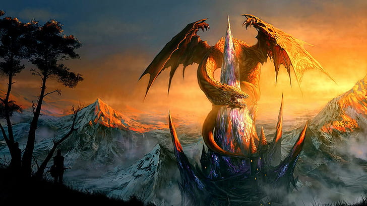 Awesome Dragon, gray and yellow dragon game scene, beast, fantasy, HD wallpaper