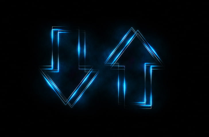 arrows (design), illuminated, blue, glowing, black background, HD wallpaper