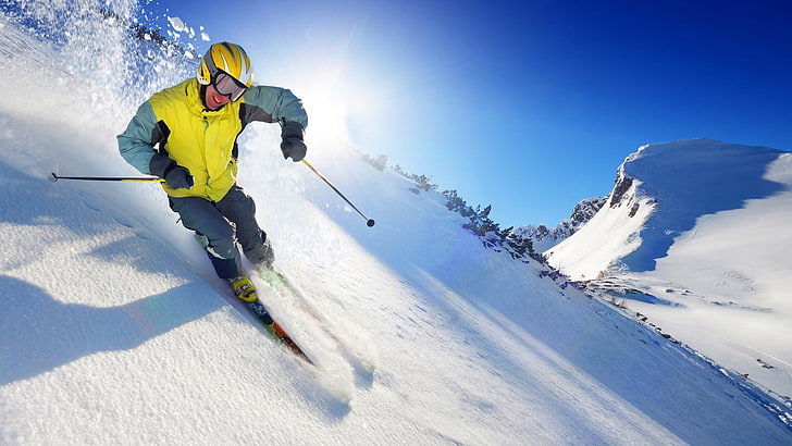 yellow helmet, snow, winter, cold temperature, sport, mountain, HD wallpaper