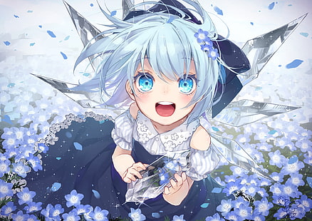 Hd Wallpaper Cirno Touhou Happy Face Blue Eyes Flowers Crystal Anime Wallpaper Flare