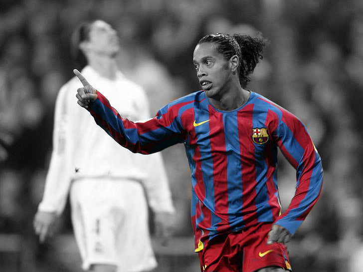 FC Barcelona Ronaldinho, selective coloring, soccer, men, sport, HD wallpaper