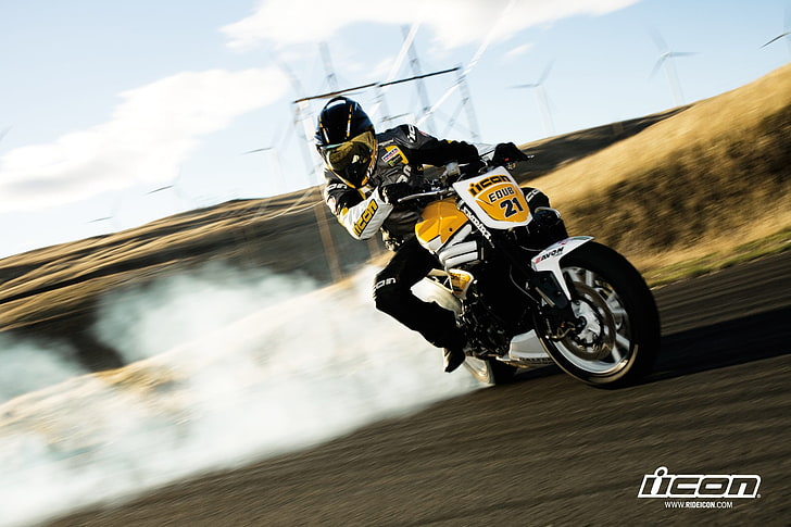 white and brown motorcycle, Triumph, icon, drift, smoke, vehicle, HD wallpaper