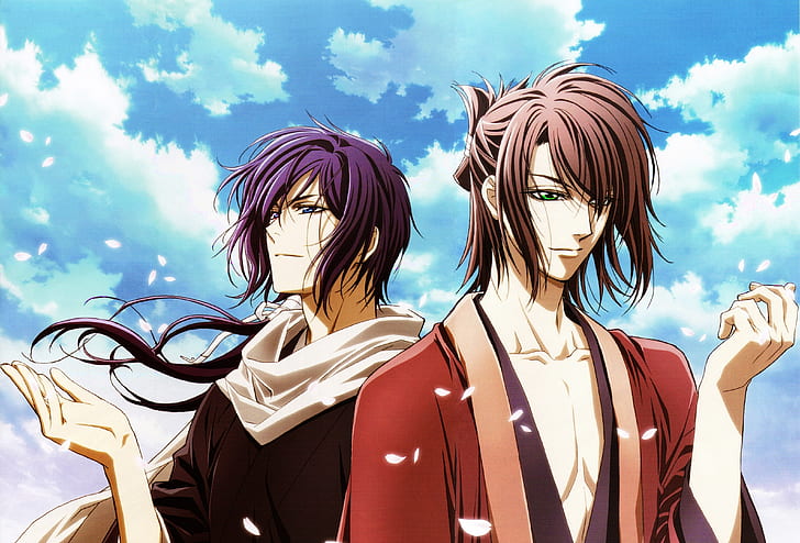 the sky, clouds, the wind, petals, Sakura, guys, samurai, Hakuouki