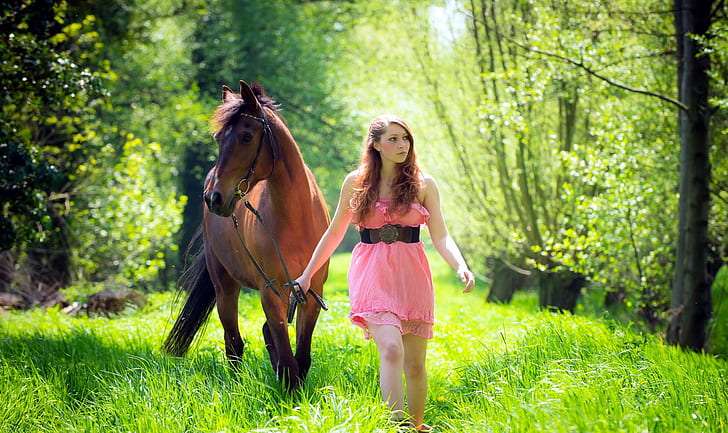 green, nature, horse, women outdoors, model, pink dress, women with horse, HD wallpaper