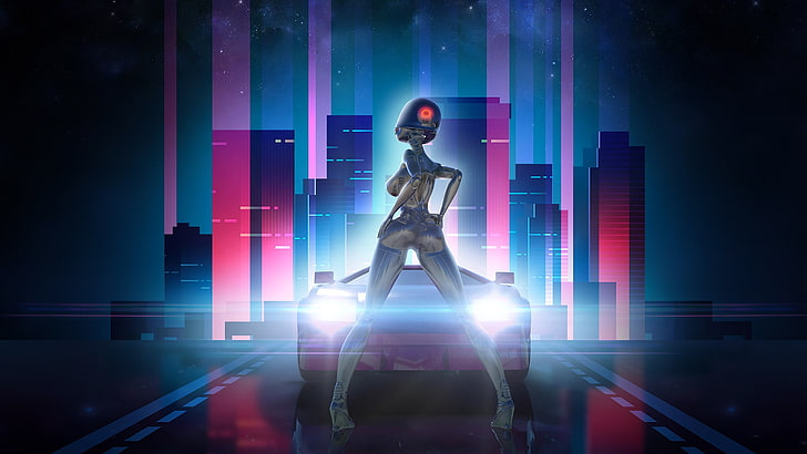 The city, Stars, The game, Robot, Neon, Machine, Light, Background, HD wallpaper