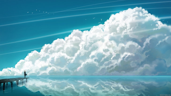 white clouds, anime, landscape, artwork, illustration, sky, cyan