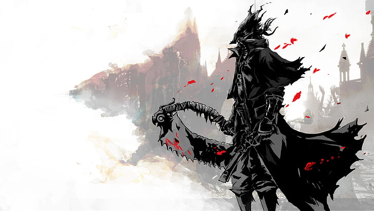 animated character holding scythe illustration, blood, sword