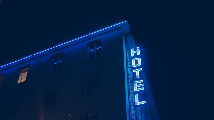 blue, hotel, neon, window, night, cyan, neon glow, dark, communication, HD wallpaper