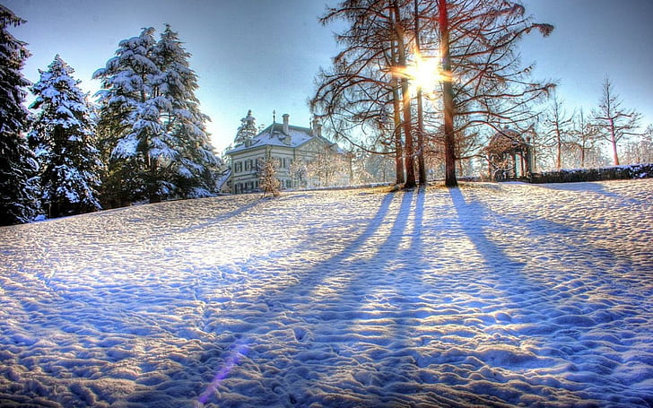 Country House On A Sunny Winter Day Hdr, gazebo, hill, manor, HD wallpaper