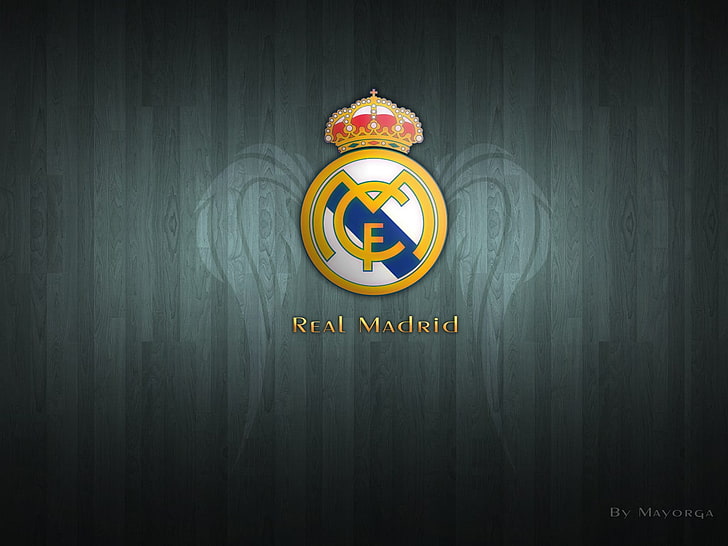 Real Madrid CF logo, soccer, sport , text, communication, indoors, HD wallpaper