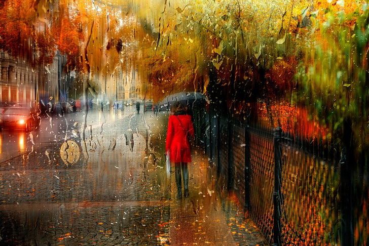 women's red trench coat, autumn, girl, the city, rain, Saint Petersburg, HD wallpaper