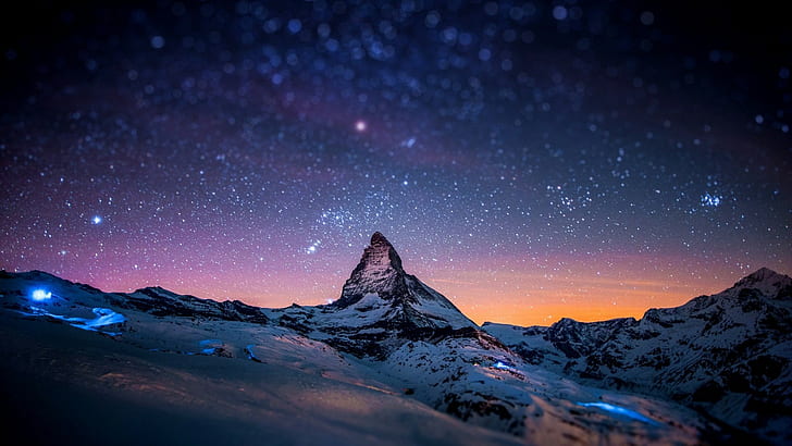 Zermatt, bokeh, snowy peak, tilt shift, mountains, rock, starry night, HD wallpaper