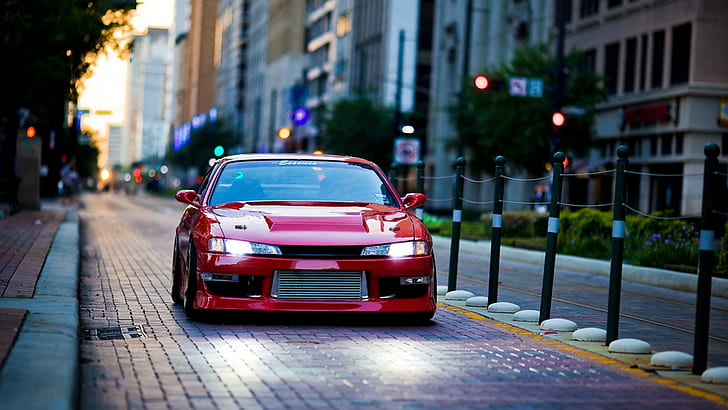 red car, Nissan Silvia Spec-R, city, street, motor vehicle, mode of transportation