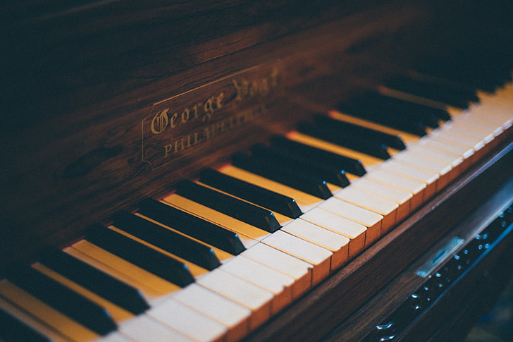 brown upright piano, pianos, keys, blur, music, musical Instrument