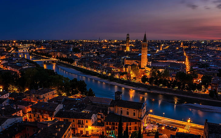 Italy, Verona, city, houses, sunset, dusk, lights