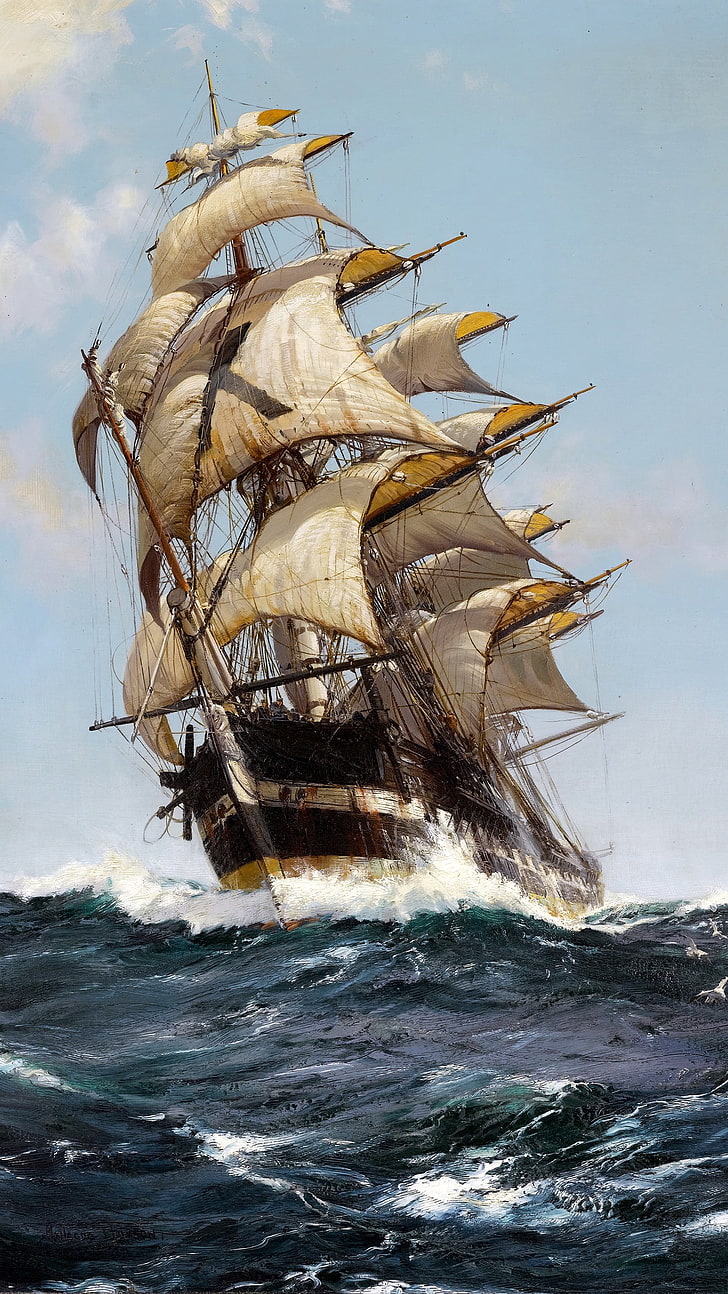 brown clipper boat sailing illustration, artwork, classic art
