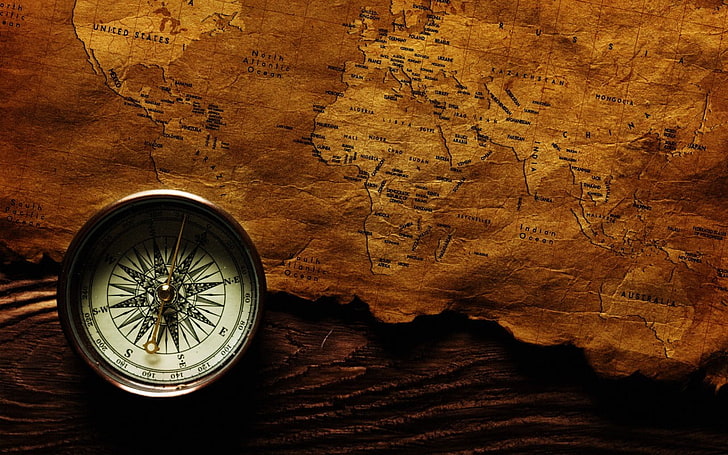 round gray compass, old map, vintage, world map, no people, rock, HD wallpaper