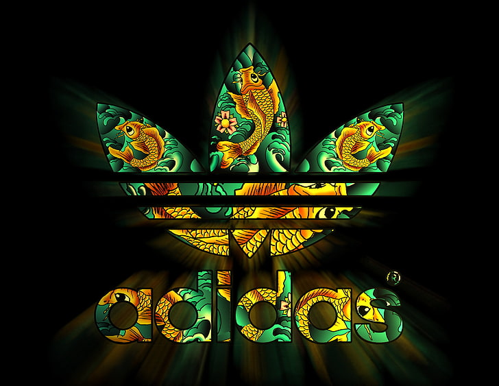 green and yellow adidas logo, collage, Wallpaper, fish, emblem, HD wallpaper