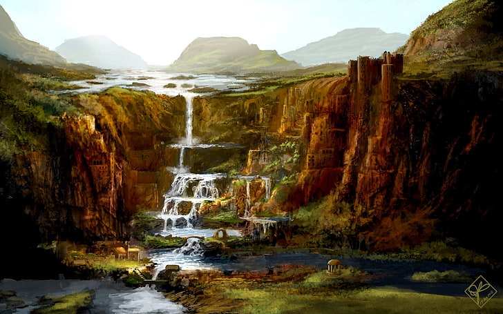 fantasy art, waterfall, mountain, beauty in nature, scenics - nature, HD wallpaper