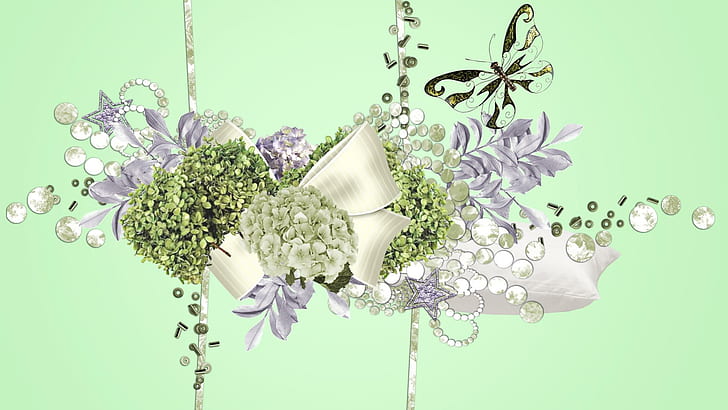 Hydrangea Beauty, green silver floral ribbon butterfly diamond, HD wallpaper