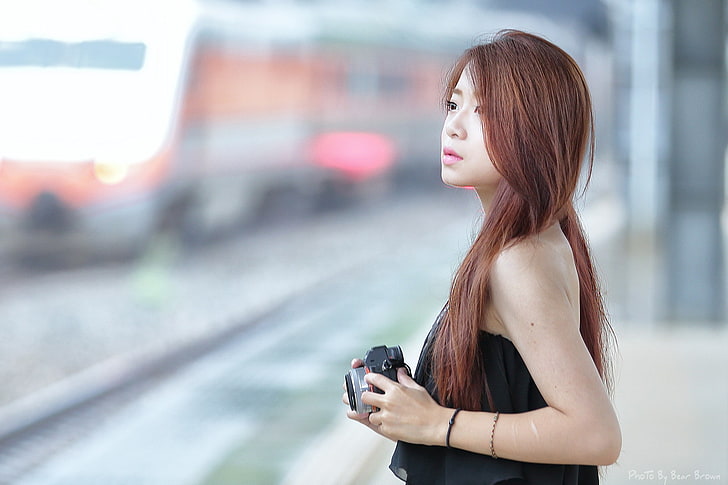 Asian, women, redhead, long hair, black dress, camera, looking away
