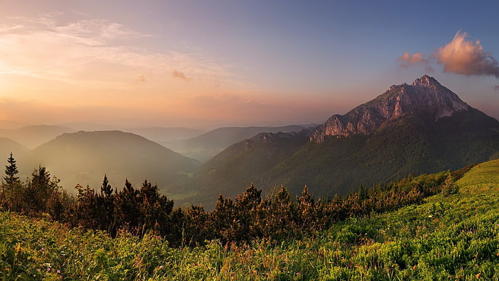 mountain during sunrise, landscape, mountains, mist, scenics - nature, HD wallpaper
