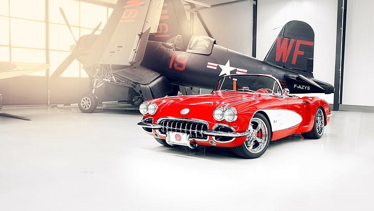 car, airplane, red cars, vehicle, Chevrolet Corvette C1, Oldtimer, HD wallpaper