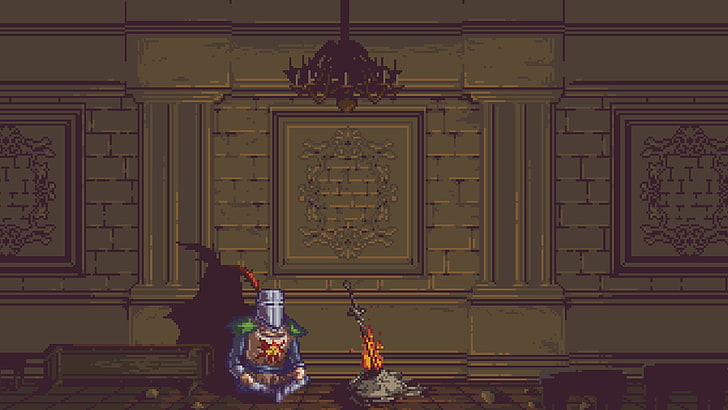 knight sitting against wall wallpaper, Dark Souls, Solaire, pixel art
