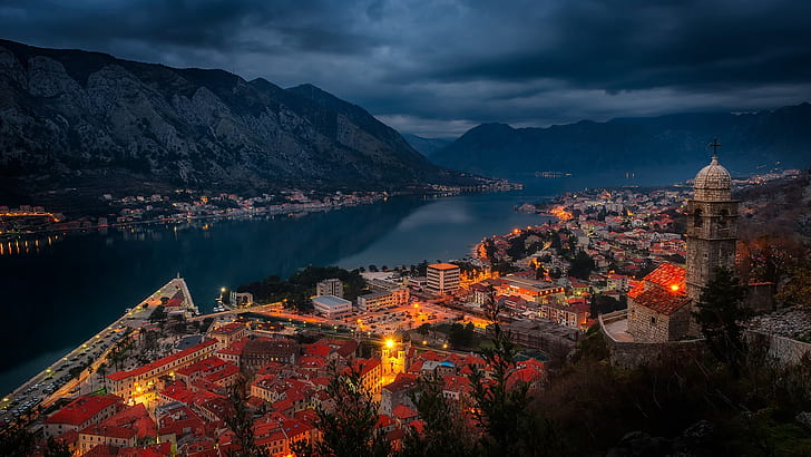kotor, montenegro, bay of kotor, cityscape, dusk, cloudy, evening