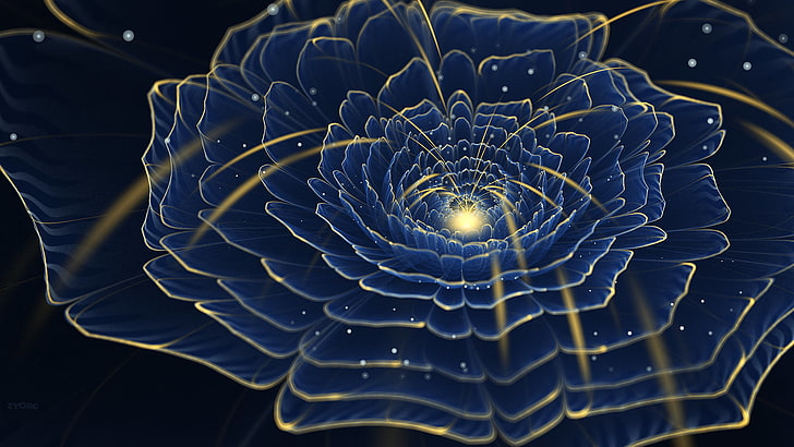 blue petaled flower, abstract, fractal, fractal flowers, digital art