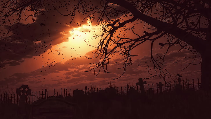silhouette of bare tree, night, fan art, cemetery, sunset, fantasy art