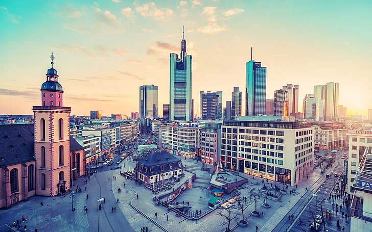 beige concrete high-rise building, city, Frankfurt, cityscape