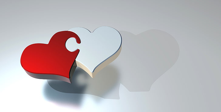 red and white heart puzzle digital wallpaper, couple, shadow, HD wallpaper