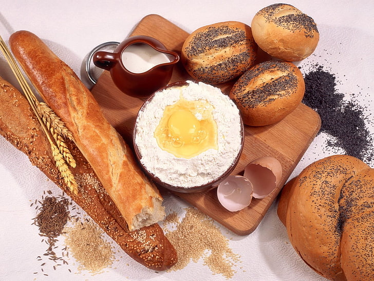 flour, breads, and mug, eggs, loaf, baguette, poppy, food, breakfast